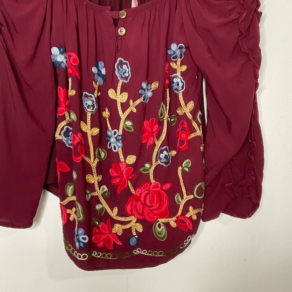 Clarita Floral Embroidered Burgundy Square Neck Gathered Long Sleeve Top No Size - Picture 9 of 14